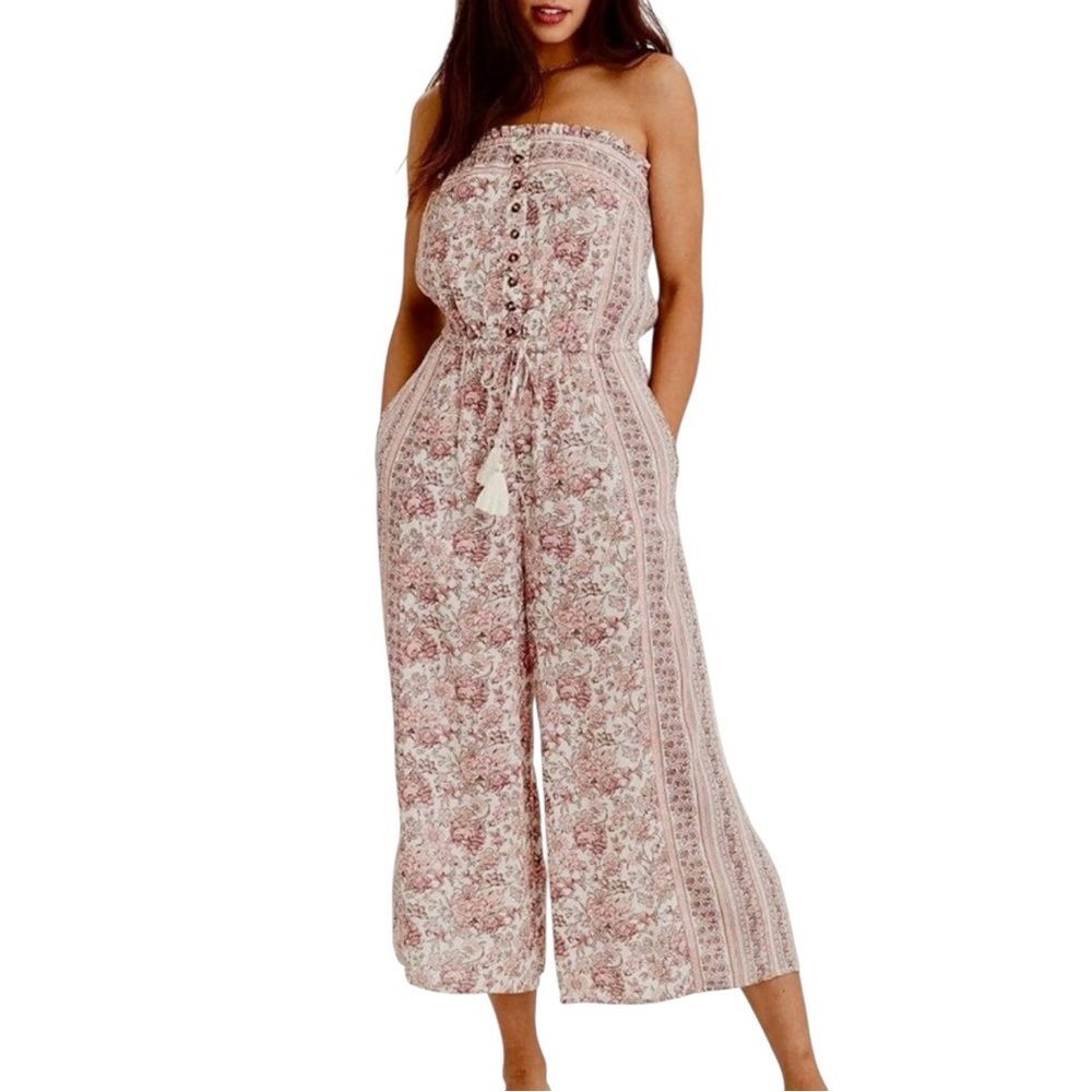 American Eagle Boho Tube Top Floral Pink Wide Leg Cropped Jumpsuit